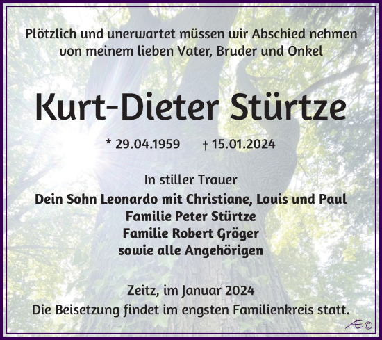 Traueranzeige von Kurt-Dieter Stürtze von Trauerkombi Zeitz