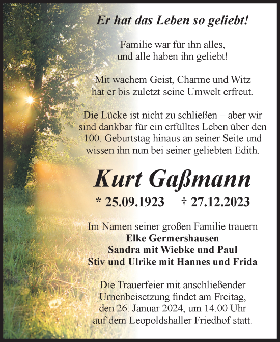 Traueranzeige von Kurt Gaßmann von Volksstimme Staßfurt