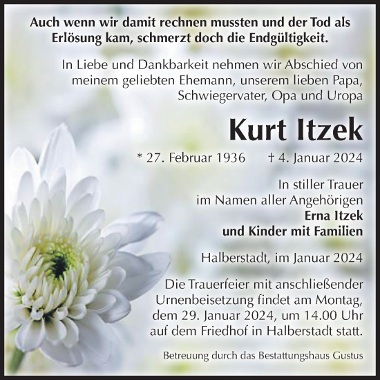 Traueranzeige von Kurt Itzek von Volksstimme Halberstadt
