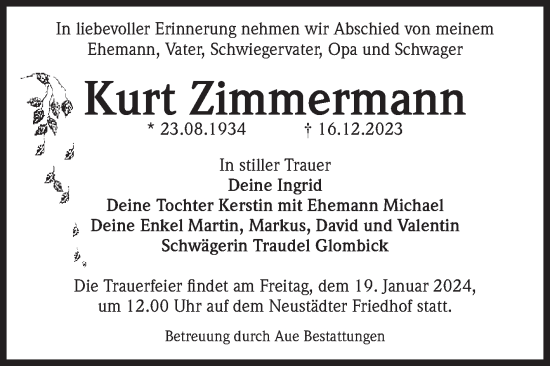 Traueranzeige von Kurt Zimmermann von Volksstimme Magdeburg
