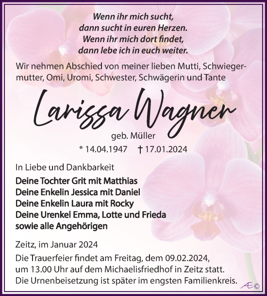 Traueranzeige von Larissa Wagner von Trauerkombi Zeitz