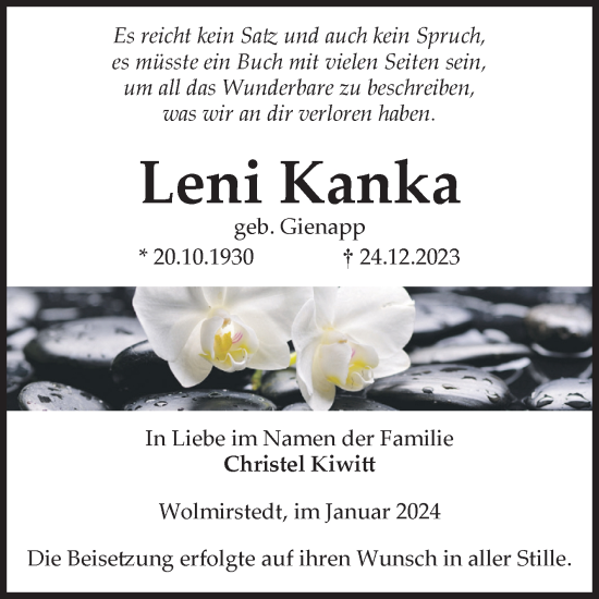 Traueranzeige von Leni Kanka von Volksstimme Haldensleben/Wolmirstedt