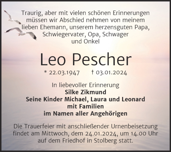 Traueranzeige von Leo Pescher von Trauerkombi Sangerhausen