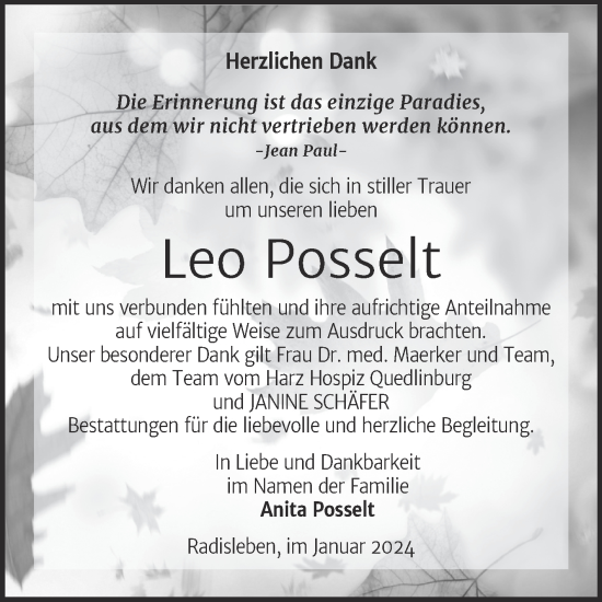 Traueranzeige von Leo Posselt von Trauerkombi Quedlinburg