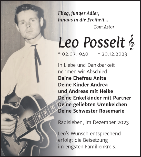 Traueranzeige von Leo Posselt von Trauerkombi Quedlinburg