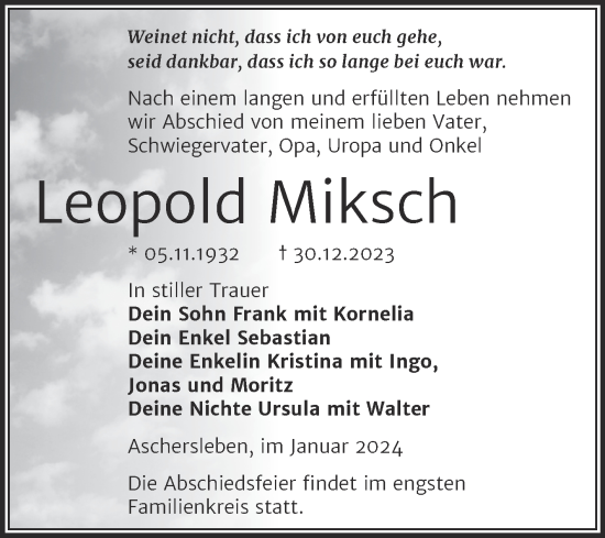 Traueranzeige von Leopold Miksch von Trauerkombi Aschersleben