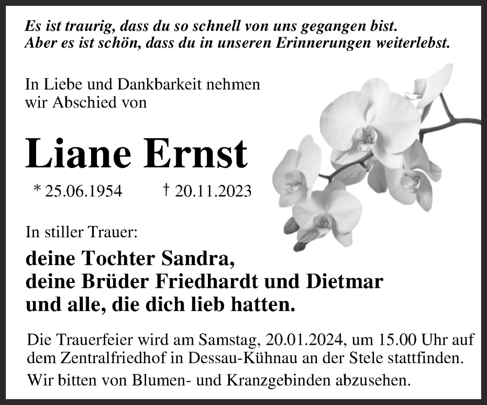  Traueranzeige für Liane Ernst vom 05.01.2024 aus Trauerkombi Dessau