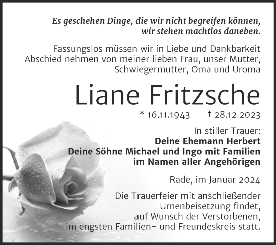 Traueranzeige von Liane Fritzsche von Trauerkombi Wittenberg