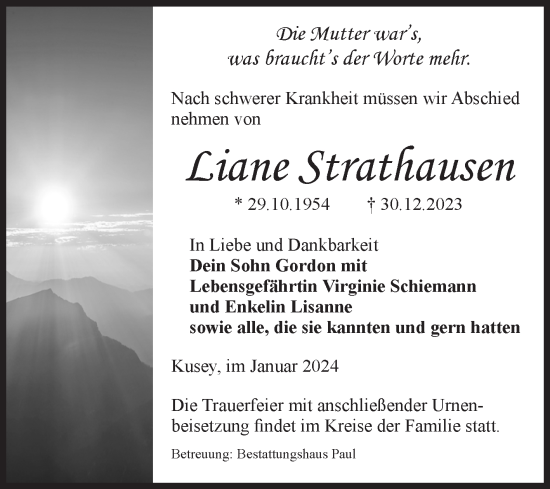 Traueranzeige von Liane Strathausen von Volksstimme Altmark West
