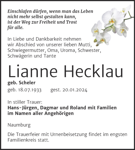 Traueranzeige von Lianne Hecklau von Naumburger Tageblatt