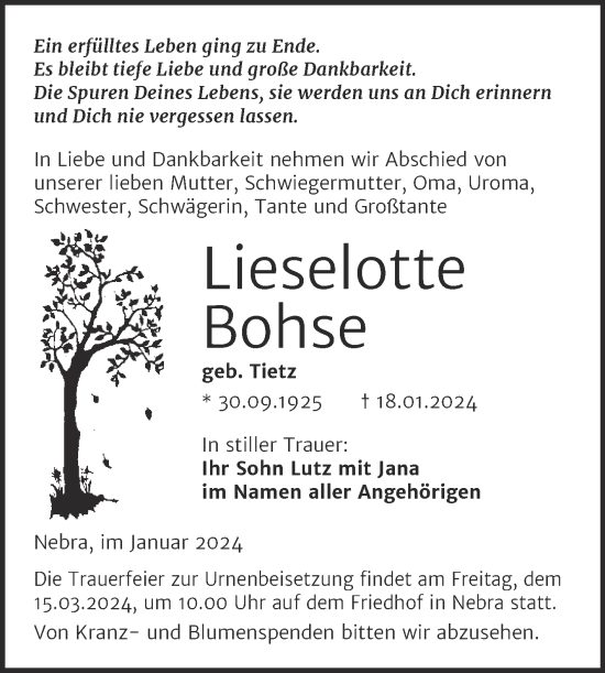 Traueranzeige von Lieselotte Bohse von Naumburger Tageblatt