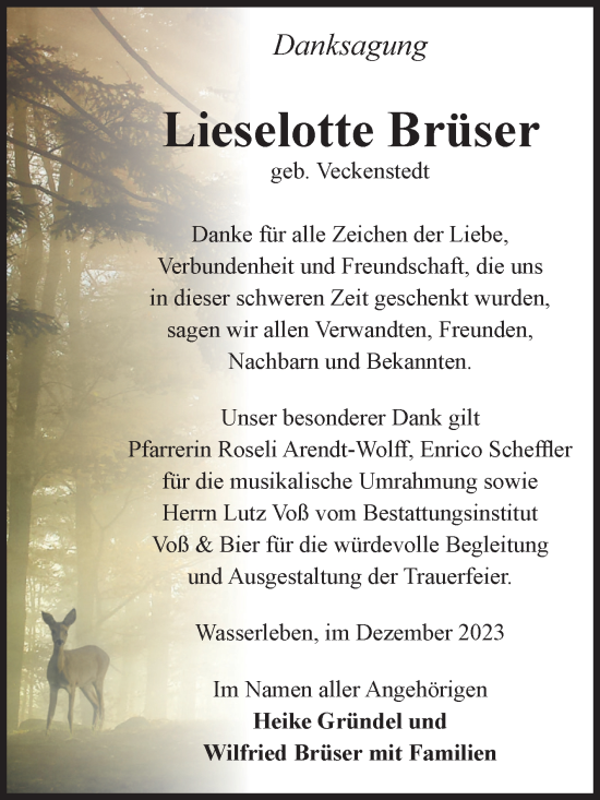 Traueranzeige von Lieselotte Brüser von Volksstimme Wernigerode