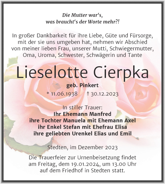 Traueranzeige von Lieselotte Cierpka von Trauerkombi Mansfelder Land