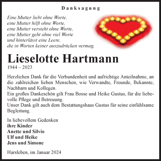 Traueranzeige von Lieselotte Hartmann von Volksstimme Halberstadt