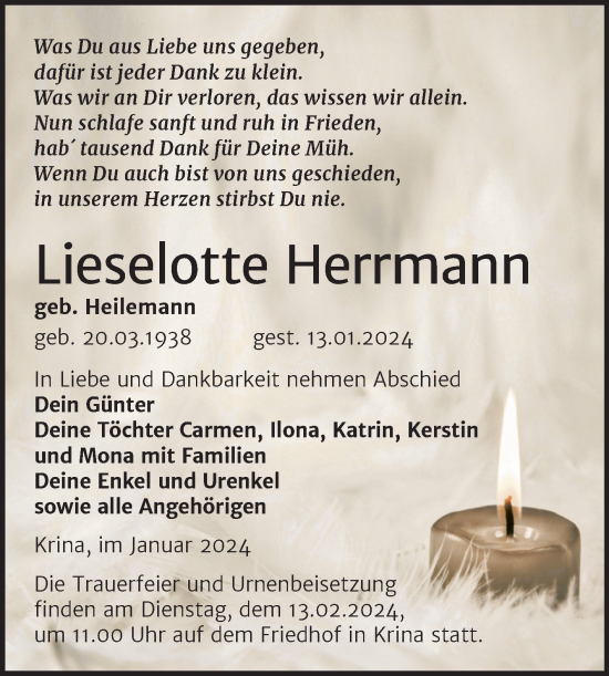 Traueranzeige von Lieselotte Herrmann von Trauerkombi Bitterfeld