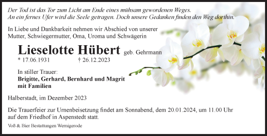 Traueranzeige von Lieselotte Hübert von Volksstimme Halberstadt