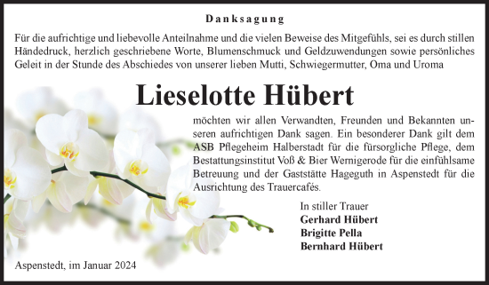 Traueranzeige von Lieselotte Hübert von Volksstimme Halberstadt