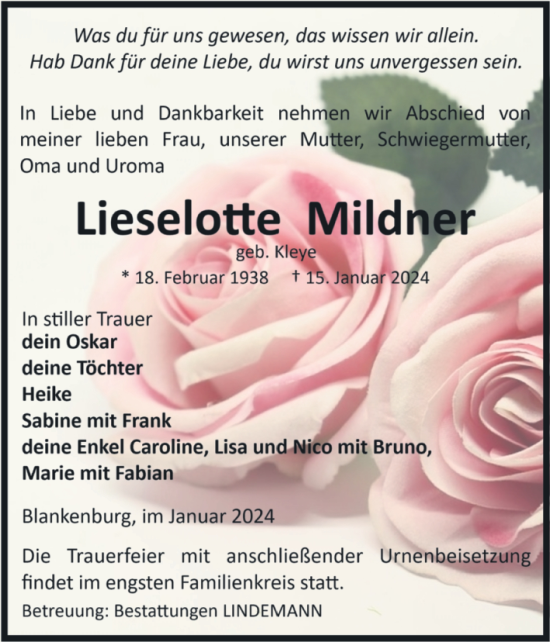 Traueranzeige von Lieselotte Mildner von Volksstimme Wernigerode