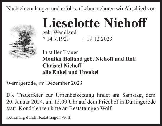 Traueranzeige von Lieselotte Niehoff von Volksstimme Wernigerode