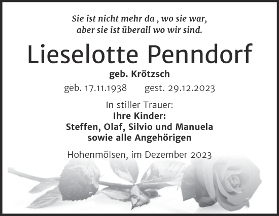 Traueranzeige von Lieselotte Penndorf von Trauerkombi Weißenfels