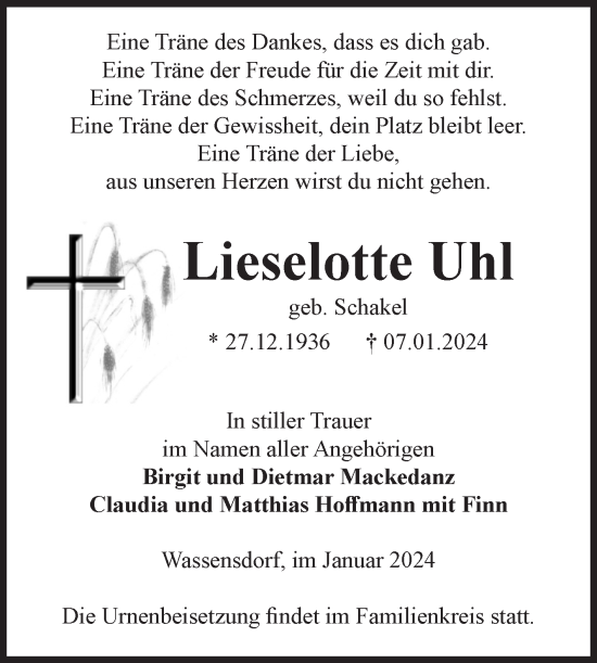 Traueranzeige von Lieselotte Uhl von Volksstimme Altmark West