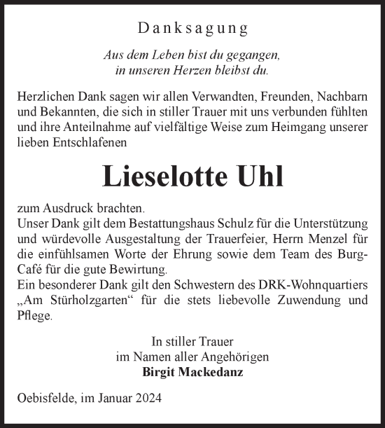 Traueranzeige von Lieselotte Uhl von Volksstimme Altmark West