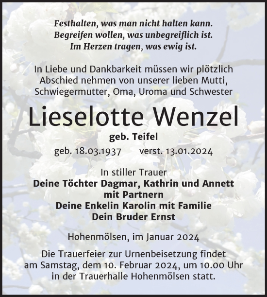Traueranzeige von Lieselotte Wenzel von Trauerkombi Weißenfels