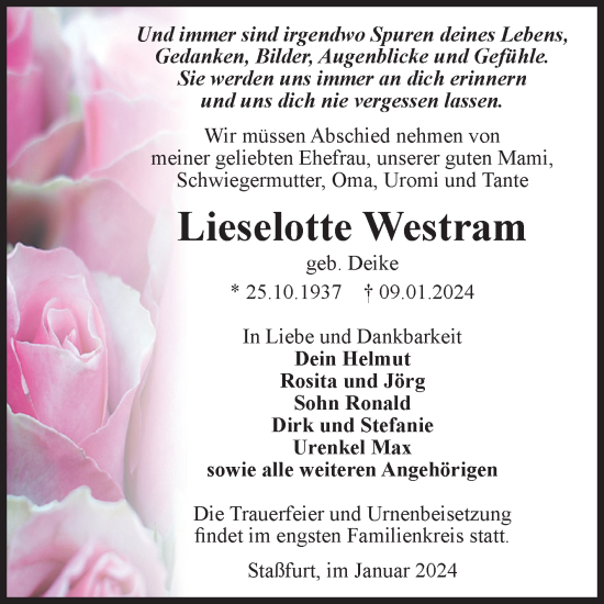 Traueranzeige von Lieselotte Westram von Volksstimme Staßfurt