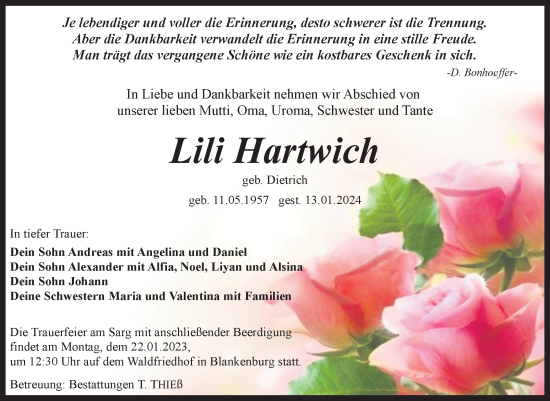 Traueranzeige von Lili Hartwich von Volksstimme Wernigerode