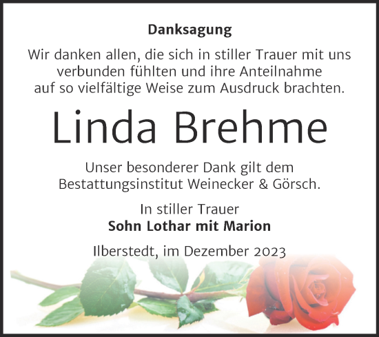 Traueranzeige von Linda Brehme von Trauerkombi Bernburg