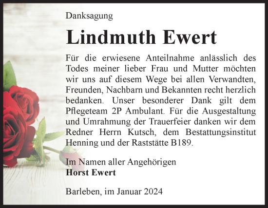 Traueranzeige von Lindmuth Ewert von Volksstimme Haldensleben/Wolmirstedt
