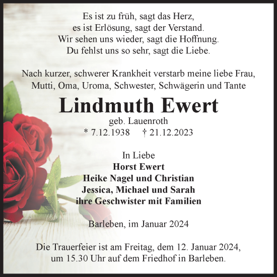 Traueranzeige von Lindmuth Ewert von Volksstimme Haldensleben/Wolmirstedt