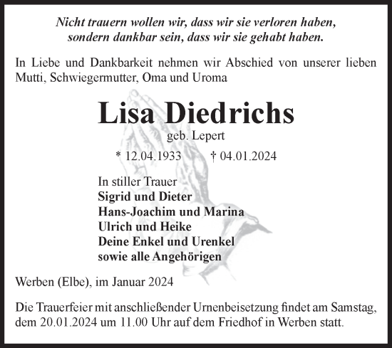 Traueranzeige von Lisa Diedrichs von Volksstimme Altmark Ost