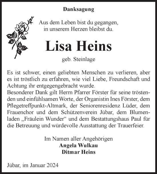 Traueranzeige von Lisa Heins von Volksstimme Altmark West