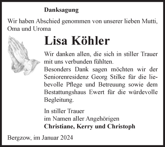 Traueranzeige von Lisa Köhler von Volksstimme Burg/Genthin
