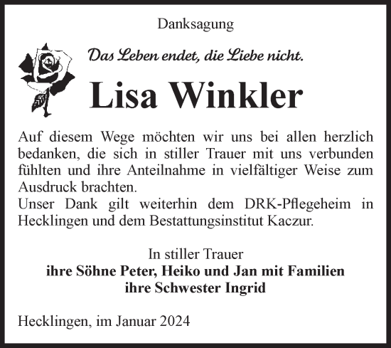 Traueranzeige von Lisa Winkler von Volksstimme Staßfurt