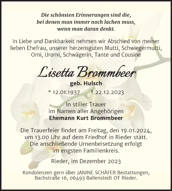 Traueranzeige von Lisetta Brommbeer von Trauerkombi Quedlinburg