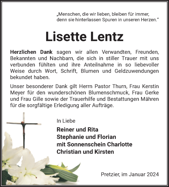 Traueranzeige von Lisette Lentz von Volksstimme Altmark West