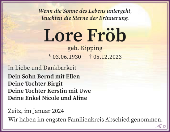 Traueranzeige von Lore Fröb von Trauerkombi Zeitz