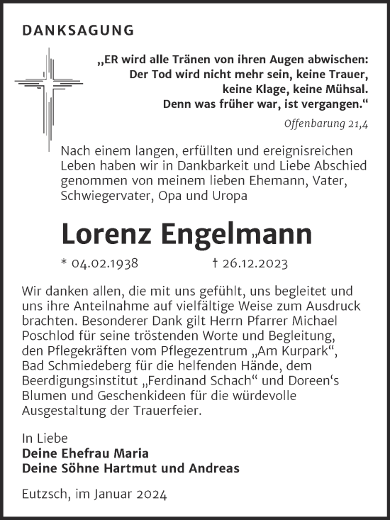 Traueranzeige von Lorenz Engelmann von Trauerkombi Wittenberg