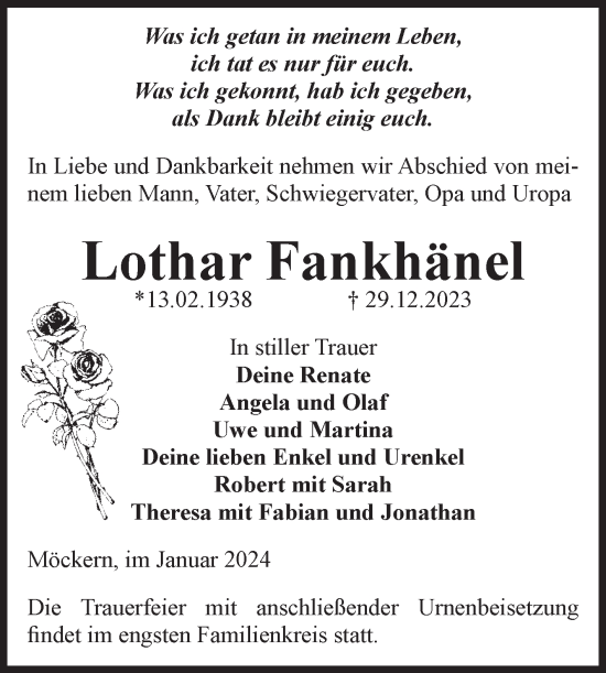 Traueranzeige von Lothar Fankhänel von Volksstimme Burg/Genthin