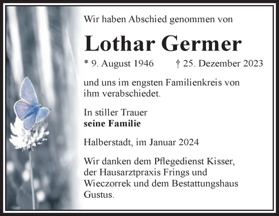 Traueranzeige von Lothar Germer von Volksstimme Halberstadt