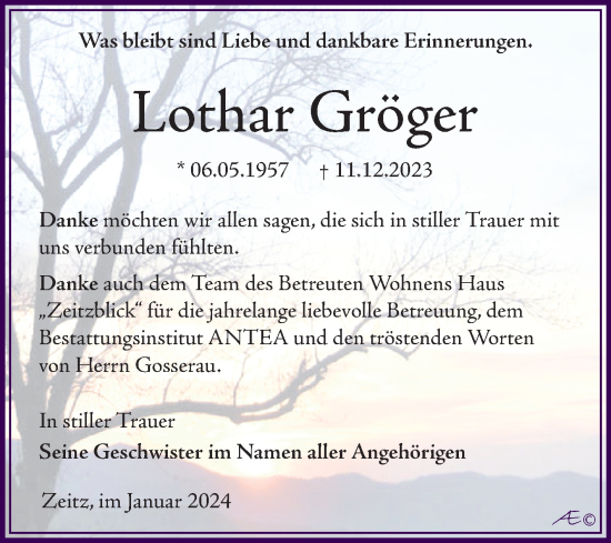 Traueranzeige von Lothar Gröger von Trauerkombi Zeitz