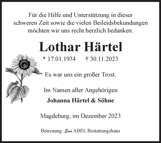 Traueranzeige von Lothar Härtel von Volksstimme Magdeburg