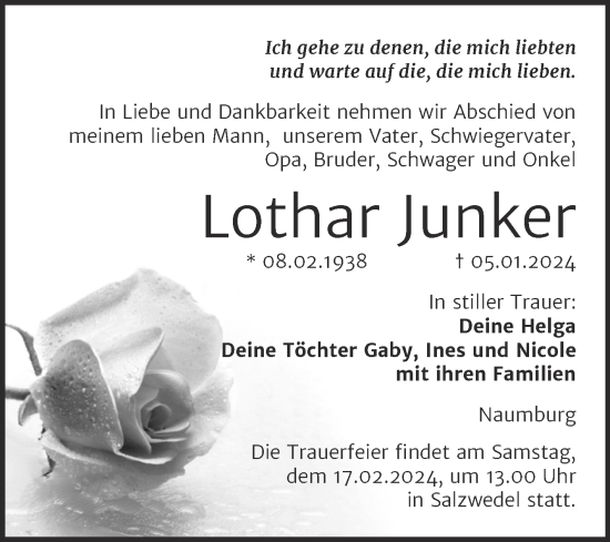 Traueranzeige von Lothar Junker von Naumburger Tageblatt