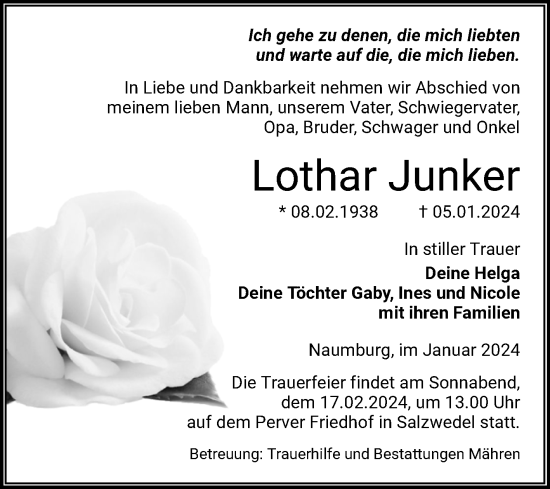 Traueranzeige von Lothar Junker von Volksstimme Altmark West