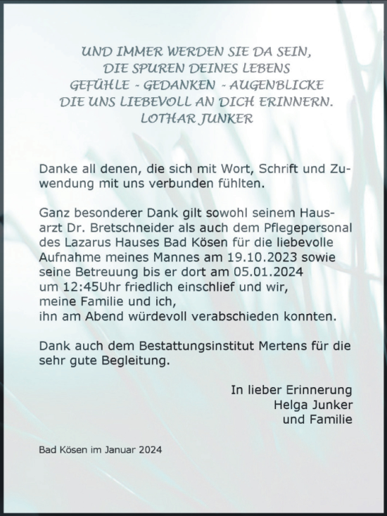 Traueranzeige von Lothar Junker von Naumburger Tageblatt