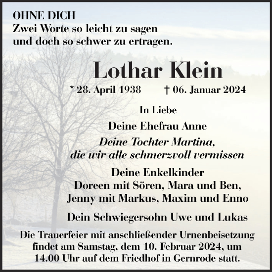 Traueranzeige von Lothar Klein von Trauerkombi Quedlinburg