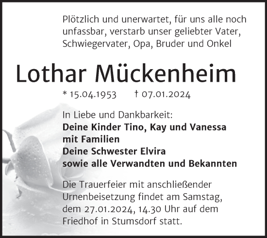 Traueranzeige von Lothar Mückenheim von Trauerkombi Bitterfeld