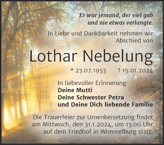 Traueranzeige von Lothar Nebelung von Trauerkombi Mansfelder Land